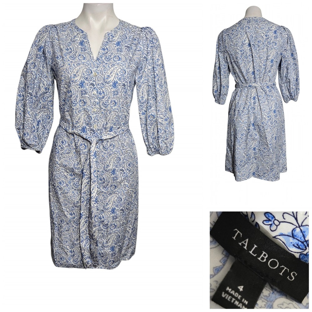 Talbots Womens Blue White Paisley Cotton Belted Puff Sleeve Shirt Dress Size 4